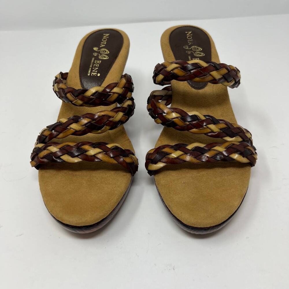 Nota Bene Sandals Women's 7 Wood Kitten Heel Strappy Leather RARE Non-Slip EUC - Picture 2 of 12